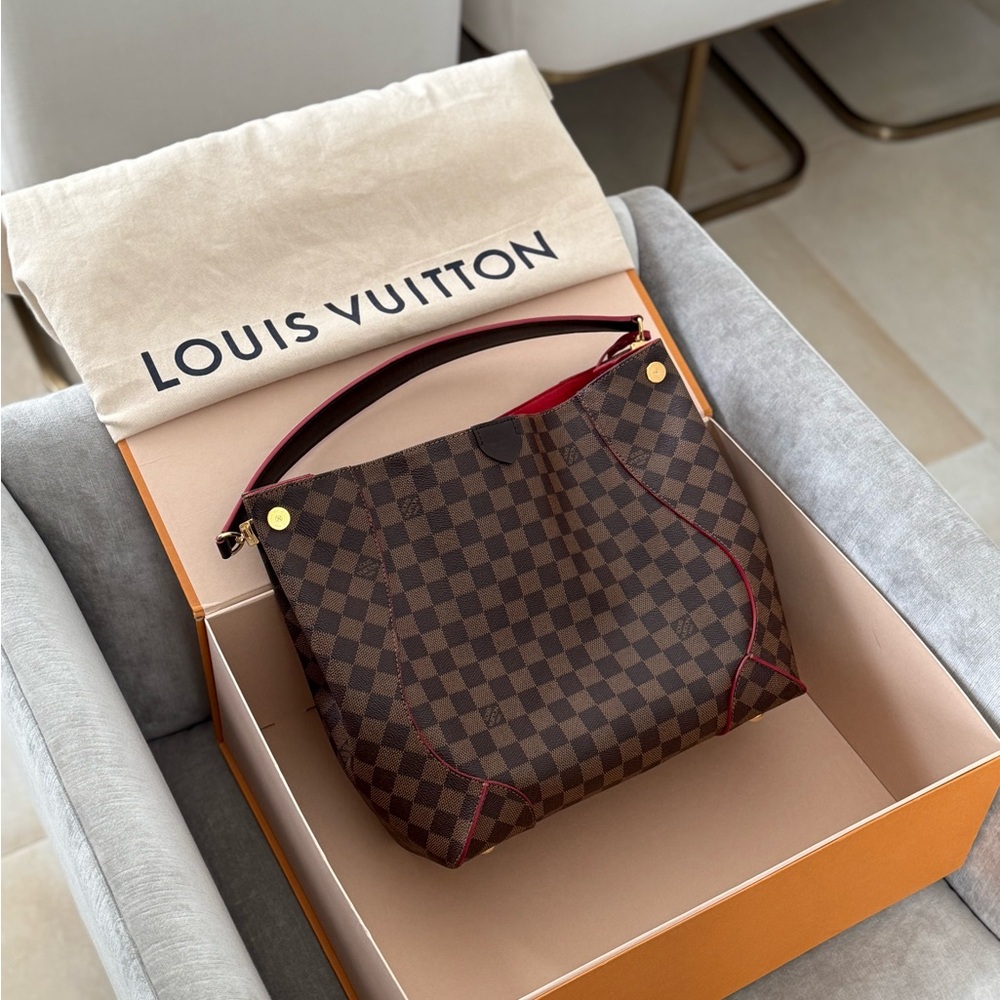 Louis Vuitton Brown Checkered Tote with Red Highlights